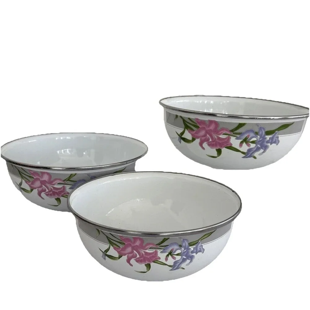 Nesting bowls Metal Mixing Floral Iris Pattern VTG GMI White Enamel Set of 3